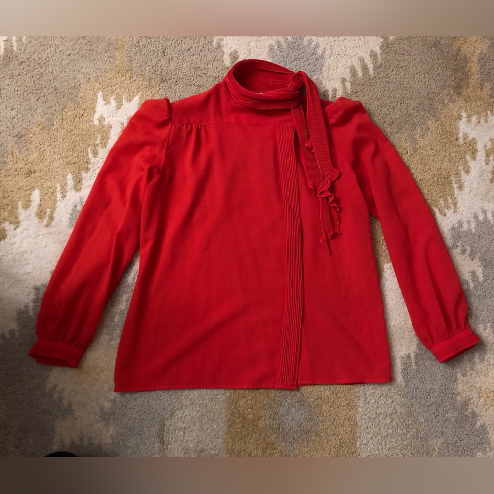 Vintage Anne French Red Secretary Blouse Tie Neck Pleat Detail Button Down Sz 6